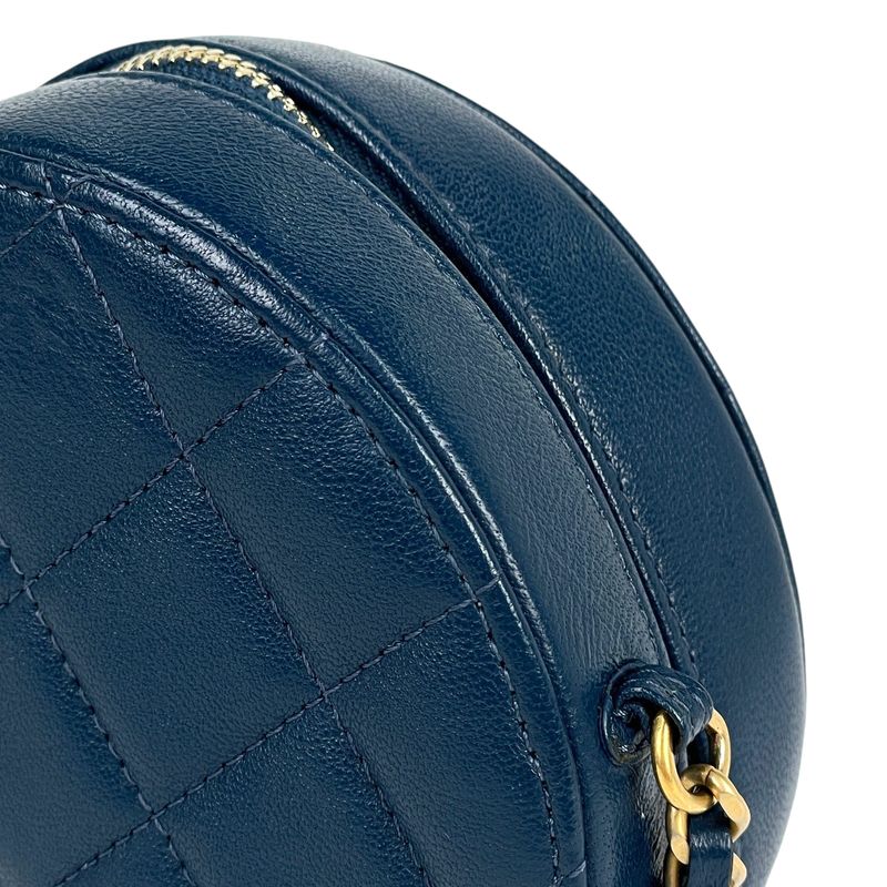 Chanel CC Logo Chain Shoulder Bag Quilted Round Leather Blue