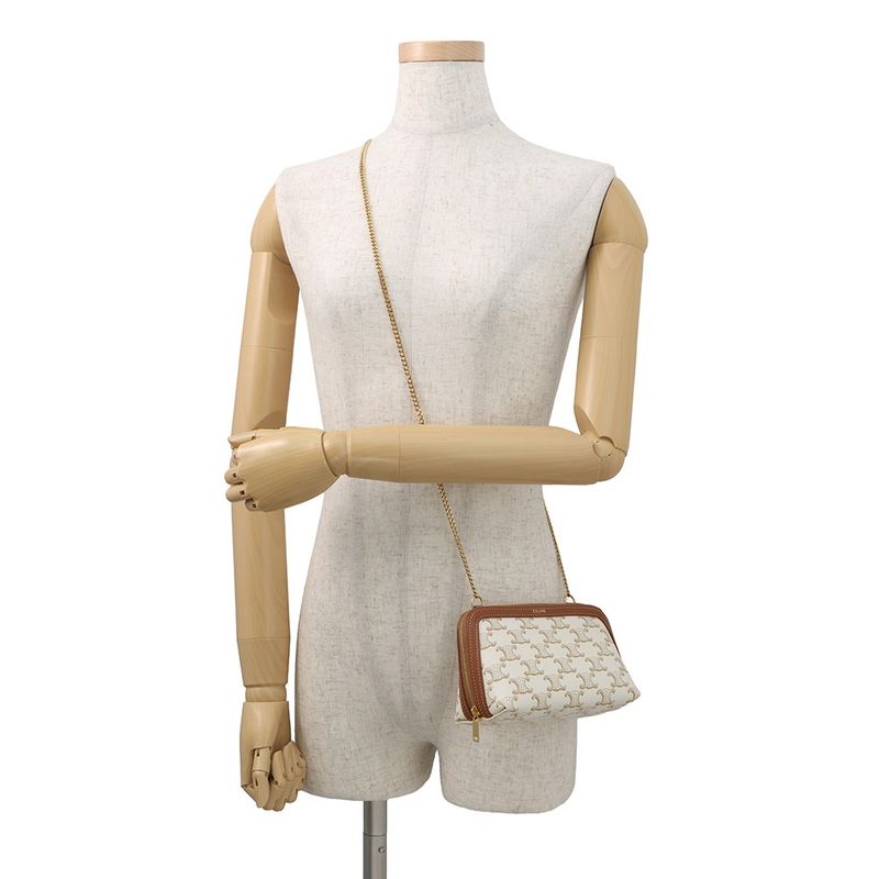 Celine Chain Shoulder Bag Triomphe Clutch White White Tan