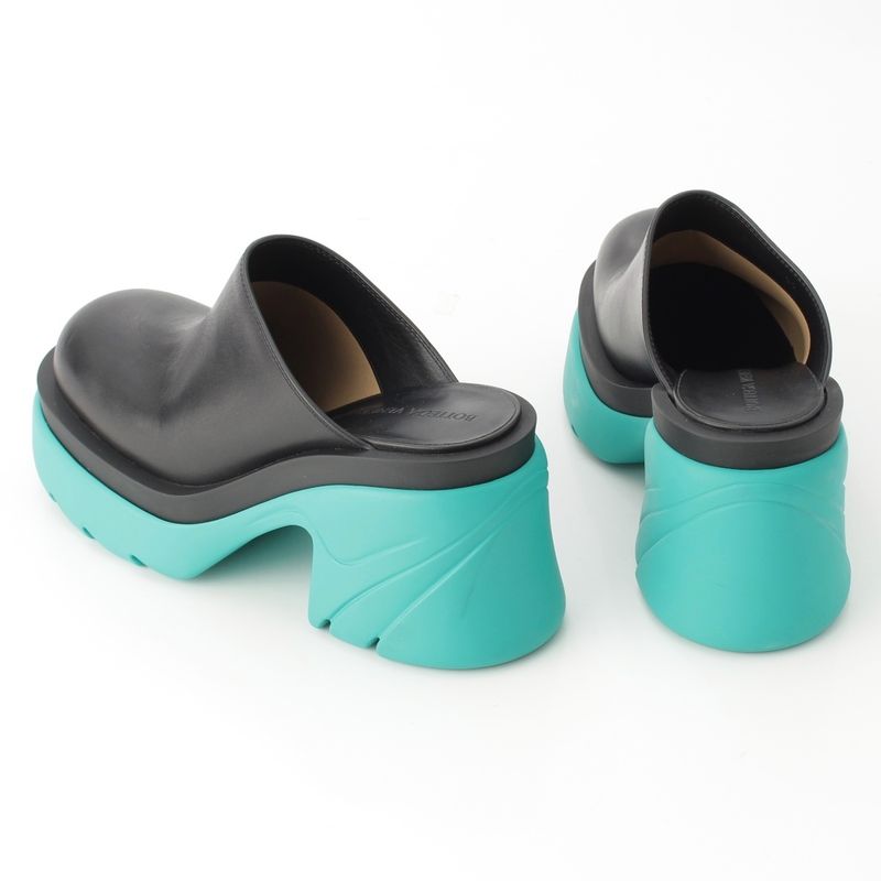 Bottega Veneta Flash Leather Platform Sandals Mule Sabot Shoes Black Turquoise