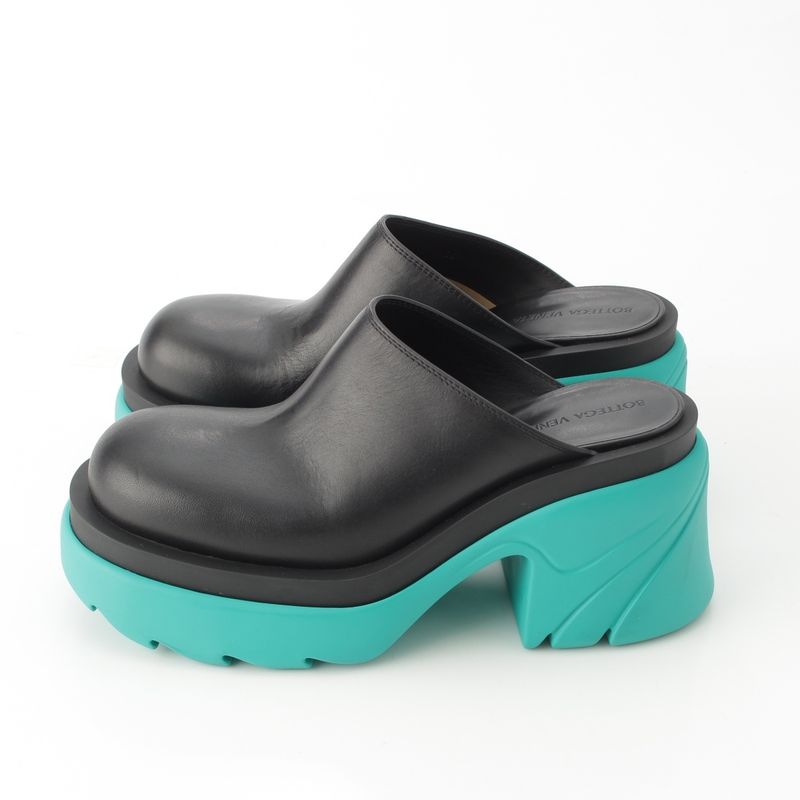 Bottega Veneta Flash Leather Platform Sandals Mule Sabot Shoes Black Turquoise