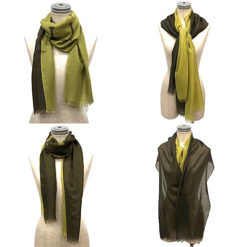 Hermes Shawl Muffler Cashmere Silk Reversible Green Scarf