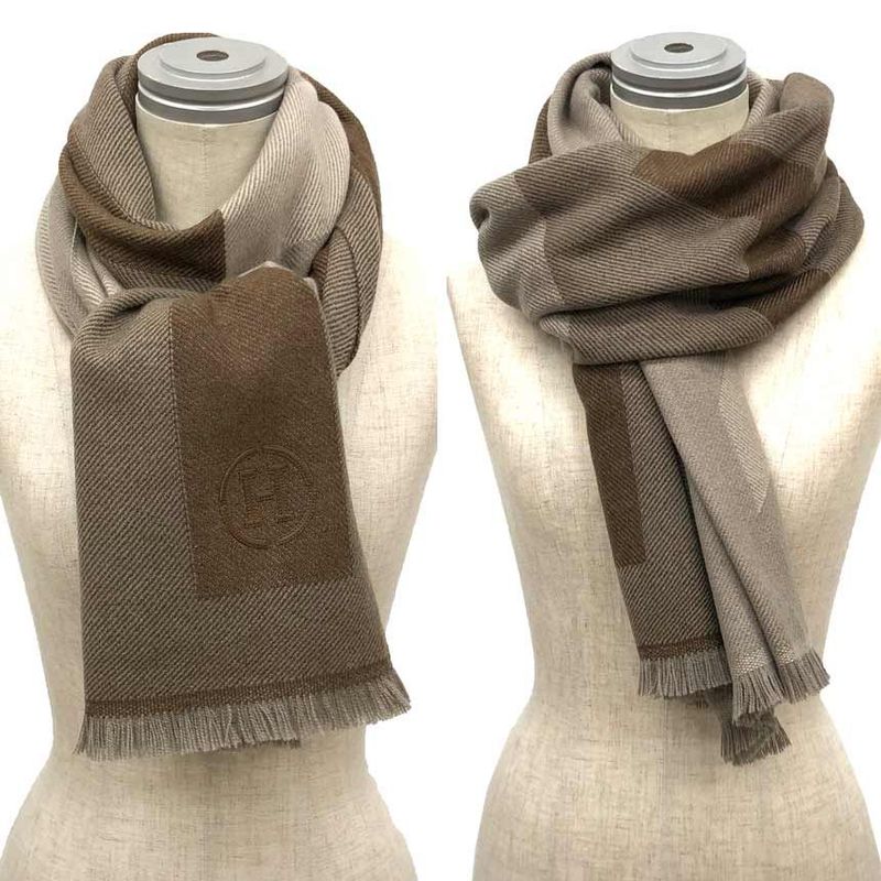 Hermes Cashmere Shawl Ikat Geometric Pattern Brown