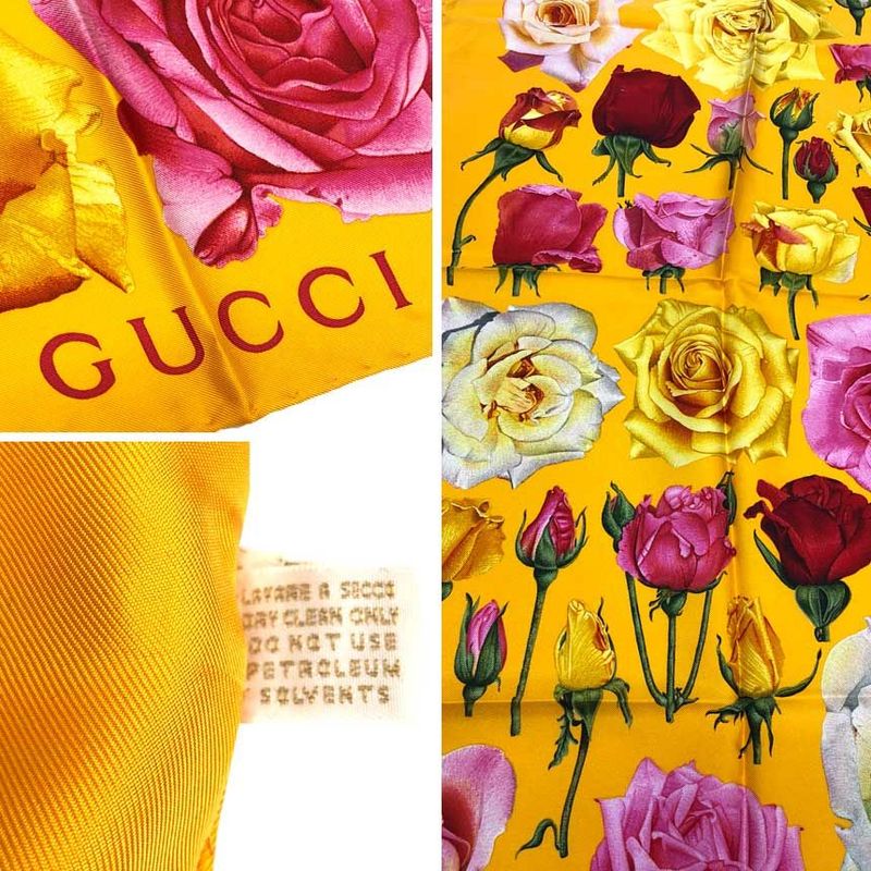 Gucci Rose Scarf Carre Flower Floral Pattern Silk Yellow Orange