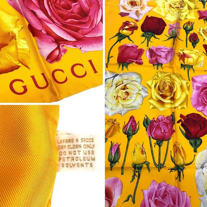 Gucci Rose Scarf Carre Flower Floral Pattern Silk Yellow Orange