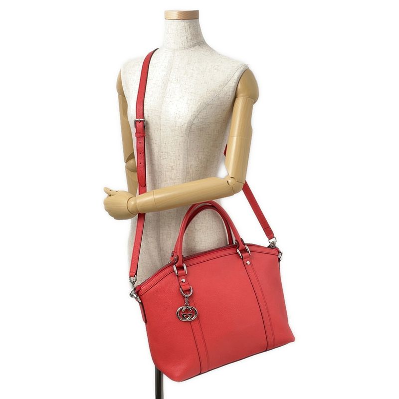 Gucci Tote Leather 2-Way Shoulder Bag Red Brown