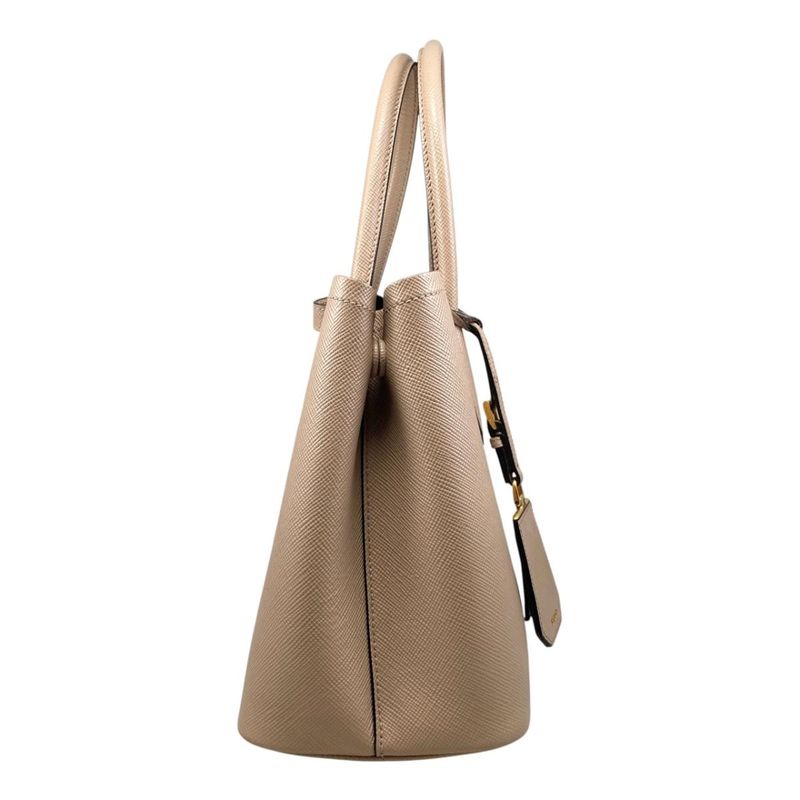 Prada Handbag Double Bag Saffiano Cuir Leather Triangle Logo Beige