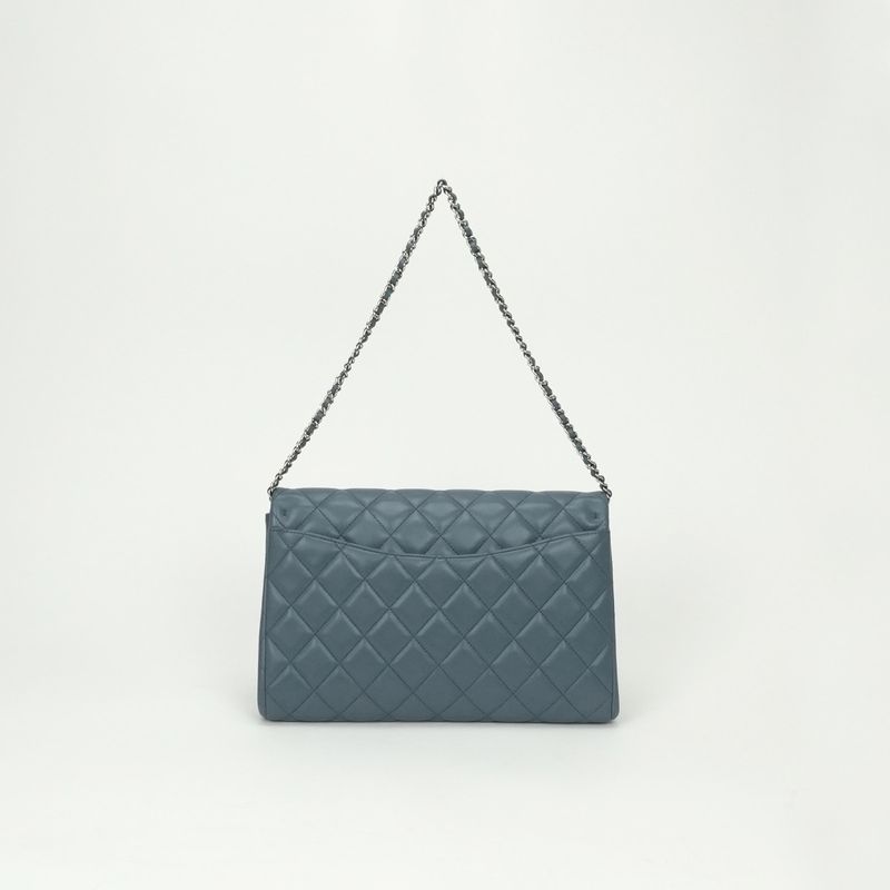 Chanel Quilted Shoulder Bag Lambskin Blue Silver Chain