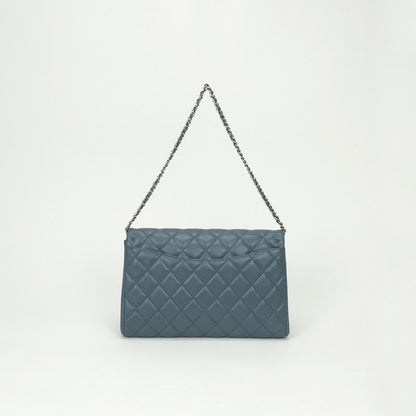 Chanel Quilted Shoulder Bag Lambskin Blue Silver Chain
