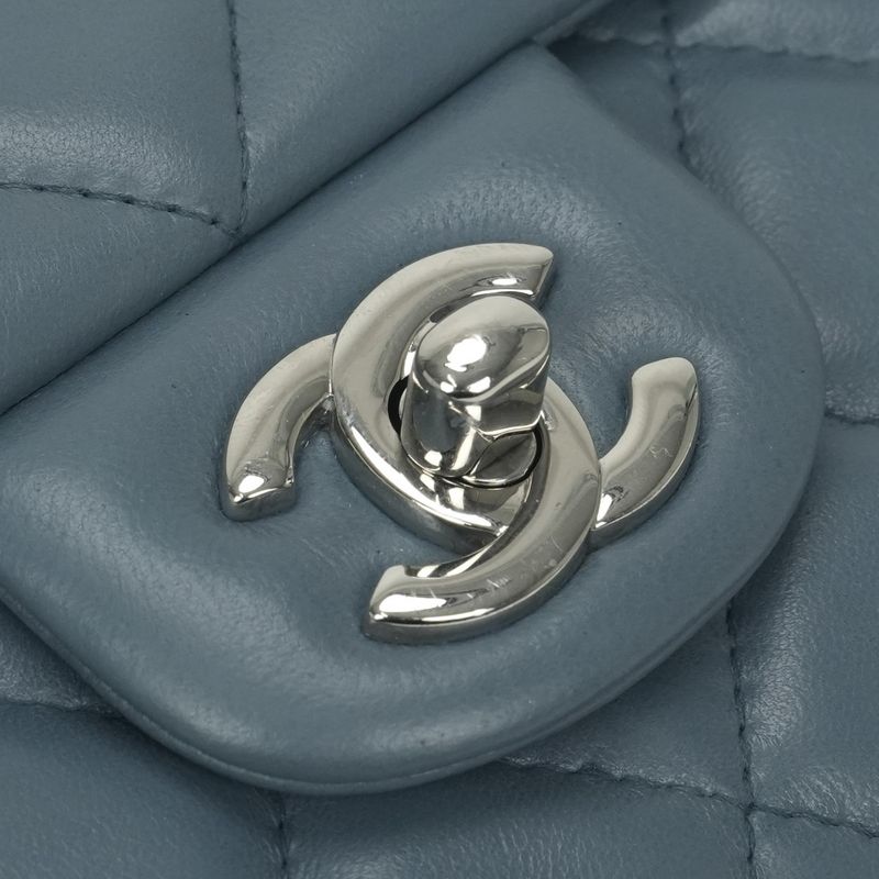Chanel Quilted Shoulder Bag Lambskin Blue Silver Chain