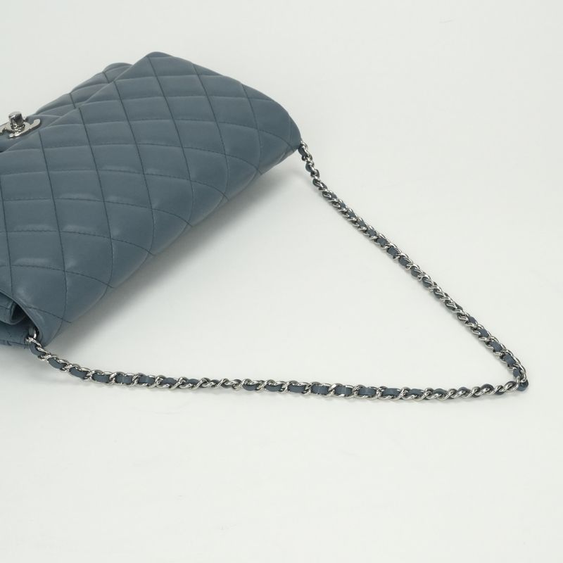 Chanel Quilted Shoulder Bag Lambskin Blue Silver Chain