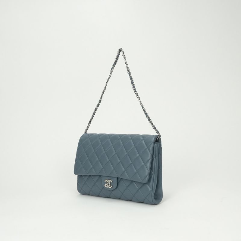 Chanel Quilted Shoulder Bag Lambskin Blue Silver Chain