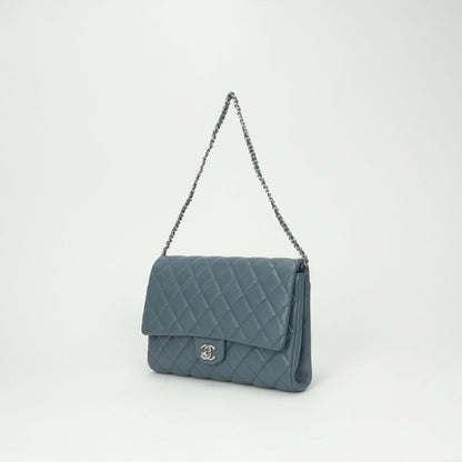 Chanel Quilted Shoulder Bag Lambskin Blue Silver Chain
