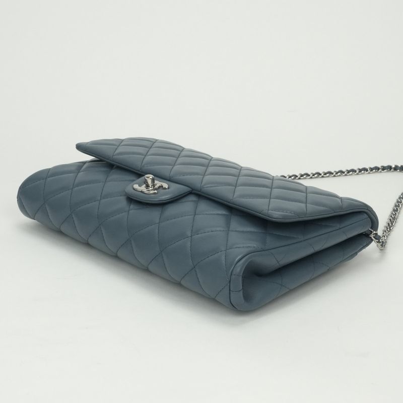 Chanel Quilted Shoulder Bag Lambskin Blue Silver Chain