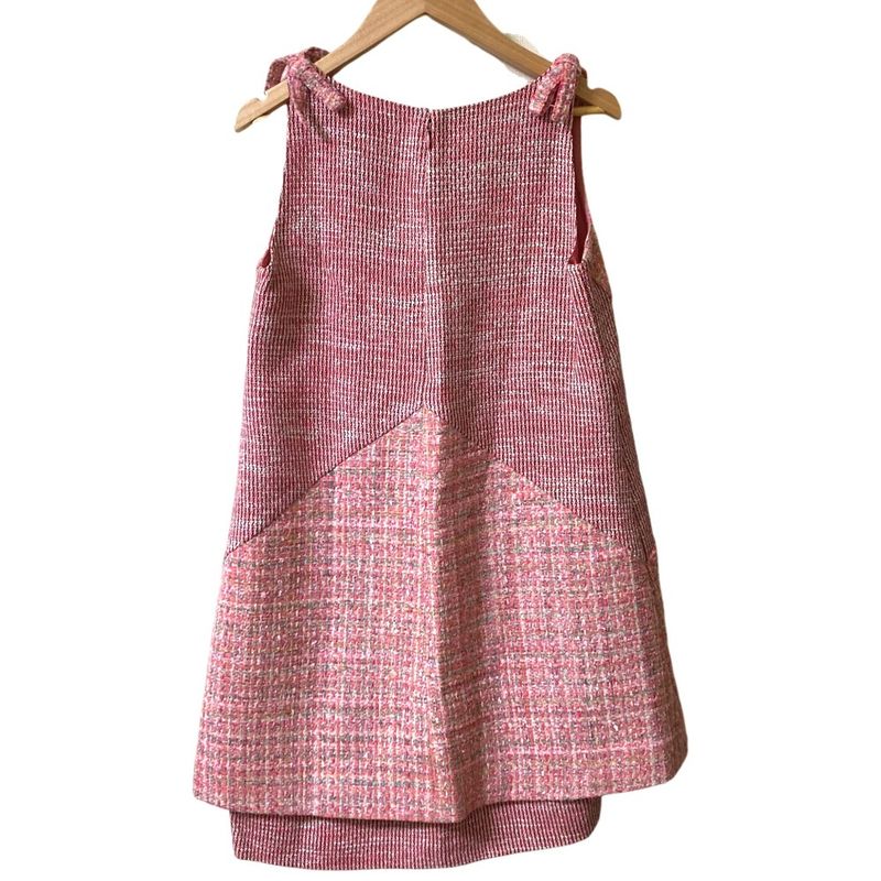 Chanel CC Logo Tweed Ribbon Layered Mini Dress 36 Pink