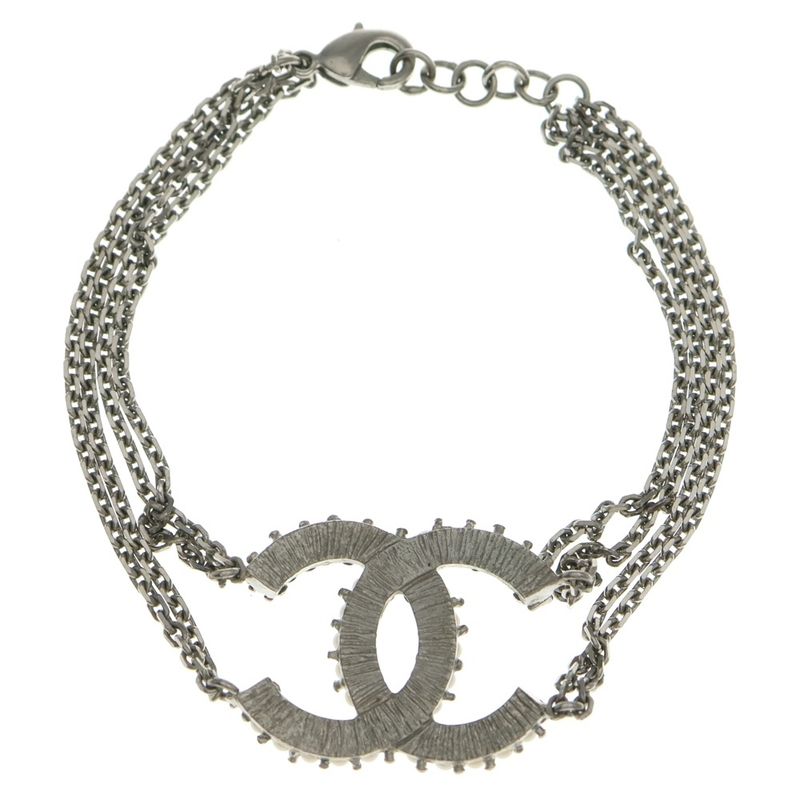 Chanel CC Logo Faux Pearl Rhinestone Bracelet Silver Chain