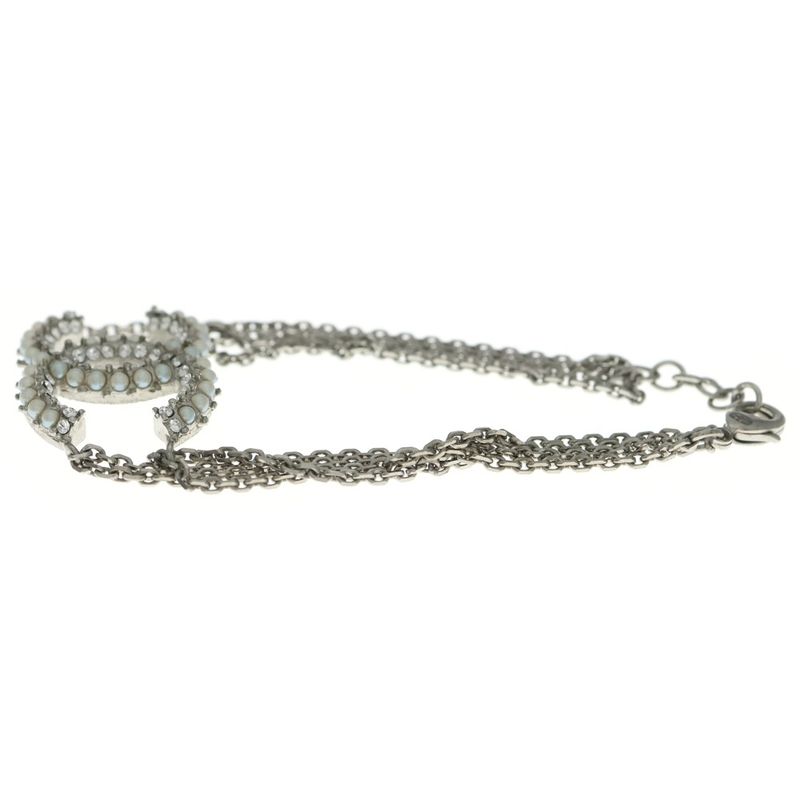 Chanel CC Logo Faux Pearl Rhinestone Bracelet Silver Chain
