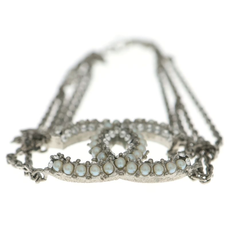 Chanel CC Logo Faux Pearl Rhinestone Bracelet Silver Chain