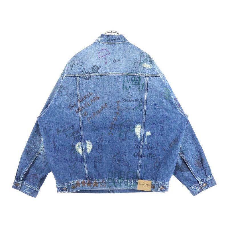 Balenciaga Damaged Graffiti Oversize Denim Jacket Jean Indigo