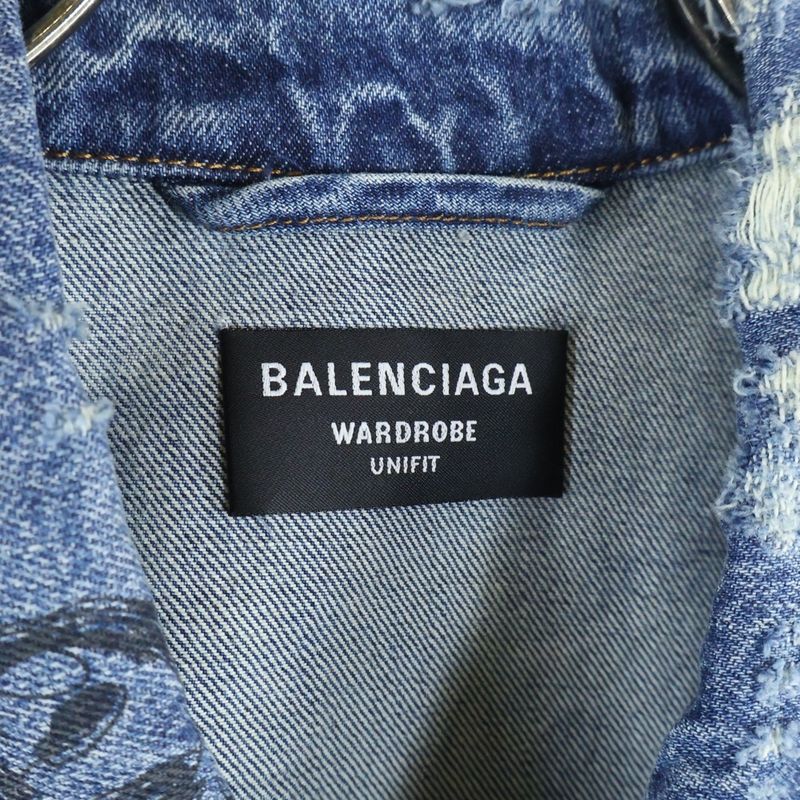 Balenciaga Damaged Graffiti Oversize Denim Jacket Jean Indigo
