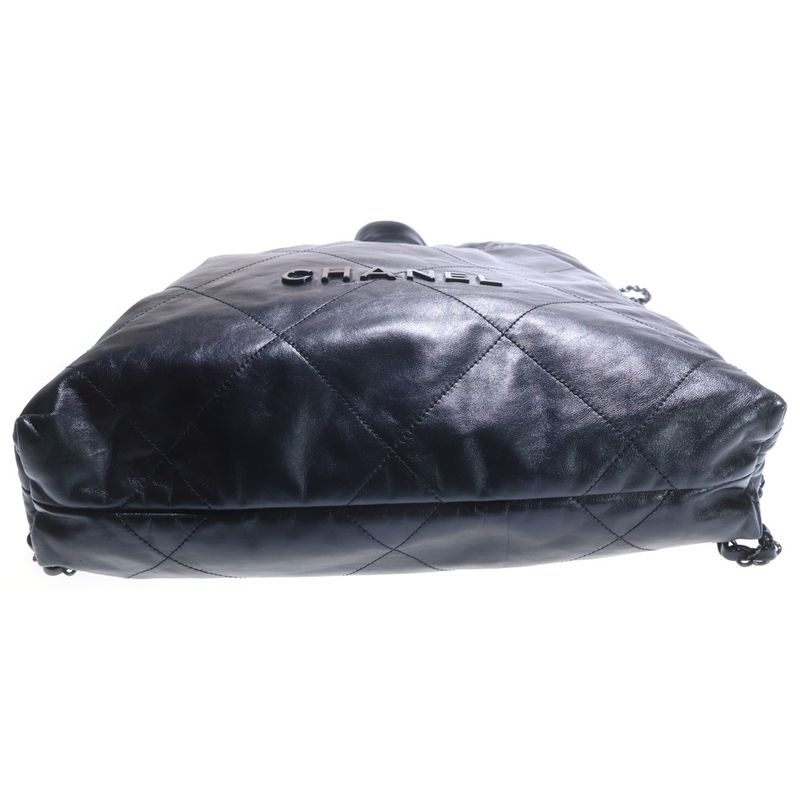 Chanel 22 Shiny Calfskin Leather Chain Shoulder Bag Backpack Black