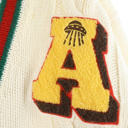 Gucci Long Wool Knit Cardigan Logo Embroidery Ivory