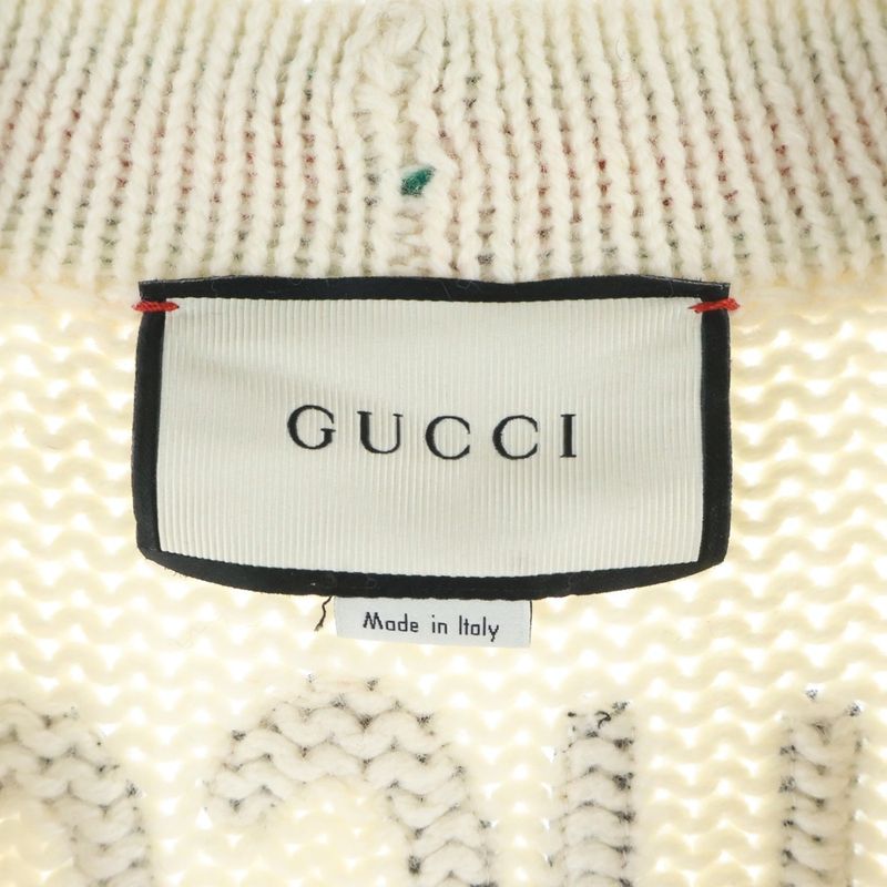 Gucci Long Wool Knit Cardigan Logo Embroidery Ivory