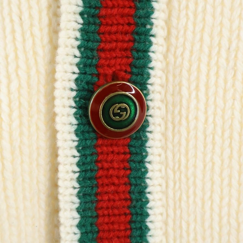 Gucci Long Wool Knit Cardigan Logo Embroidery Ivory