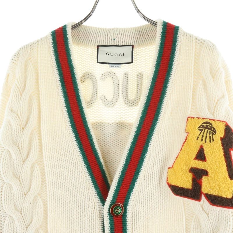 Gucci Long Wool Knit Cardigan Logo Embroidery Ivory