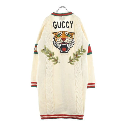 Gucci Long Wool Knit Cardigan Logo Embroidery Ivory