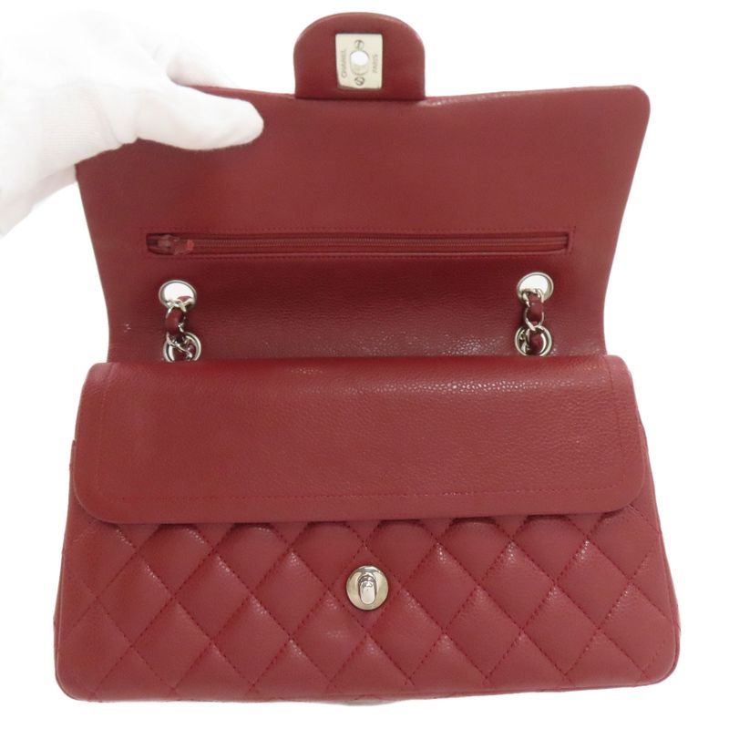 Chanel Quilted Double Flap Silver Shoulder Bag Grained Calfskin