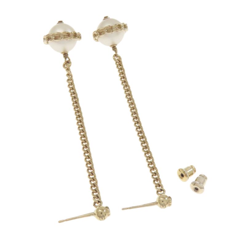 Chanel Chain CC Logo Earrings Metal Faux Pearl
