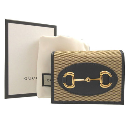 Gucci Horsebit Canvas Leather Beige Black Bifold Wallet