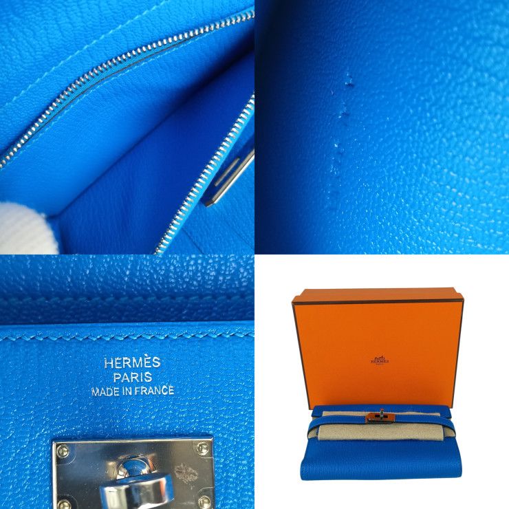 Hermes Wallet Coin Case Kelly Depurian Compact Blue Chevre