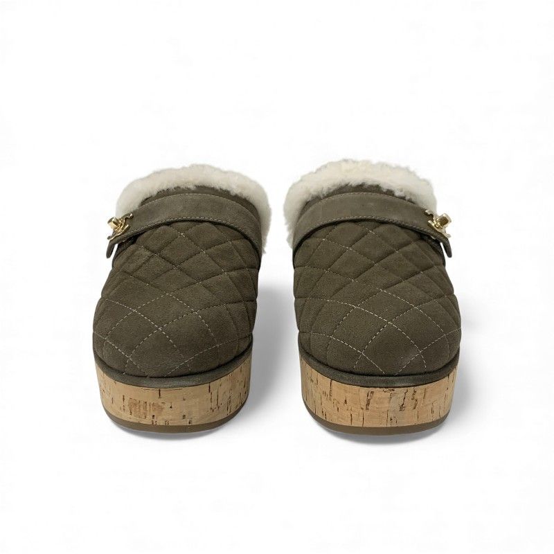 Chanel Sandals Shoes Suede Mouton Cork Khaki Brown Gold CC Logo Quilted