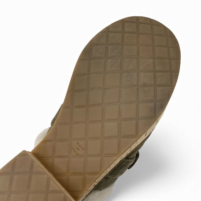 Chanel Sandals Shoes Suede Mouton Cork Khaki Brown Gold CC Logo Quilted