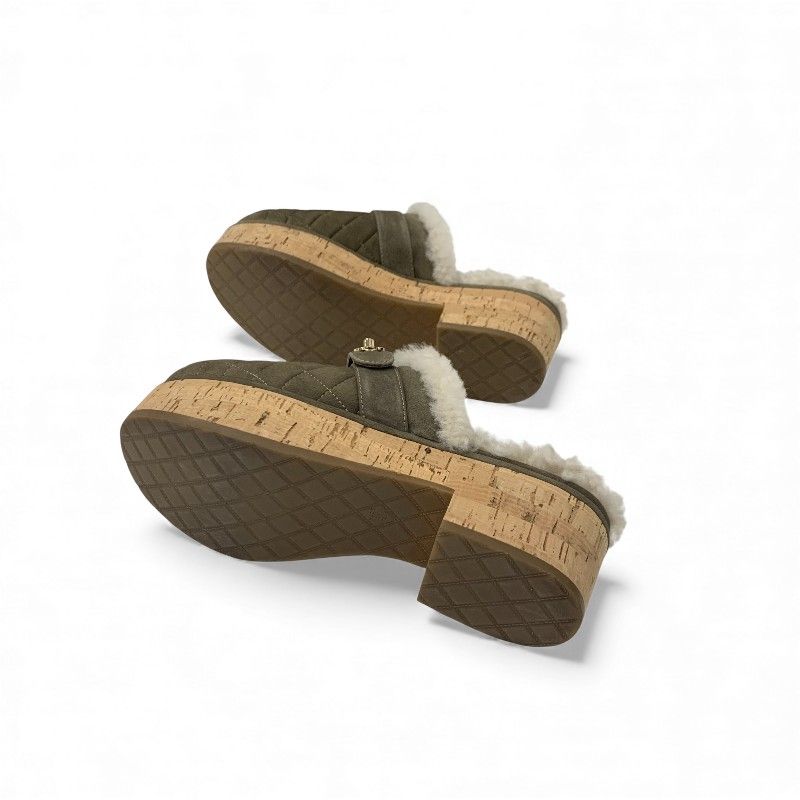 Chanel Sandals Shoes Suede Mouton Cork Khaki Brown Gold CC Logo Quilted