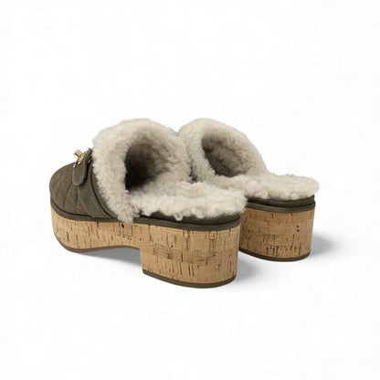 Chanel Sandals Shoes Suede Mouton Cork Khaki Brown Gold CC Logo Quilted