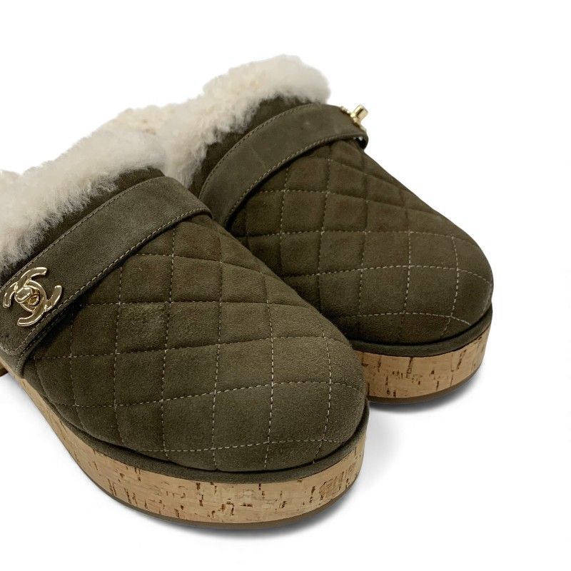Chanel Sandals Shoes Suede Mouton Cork Khaki Brown Gold CC Logo Quilted