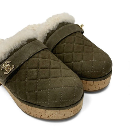 Chanel Sandals Shoes Suede Mouton Cork Khaki Brown Gold CC Logo Quilted