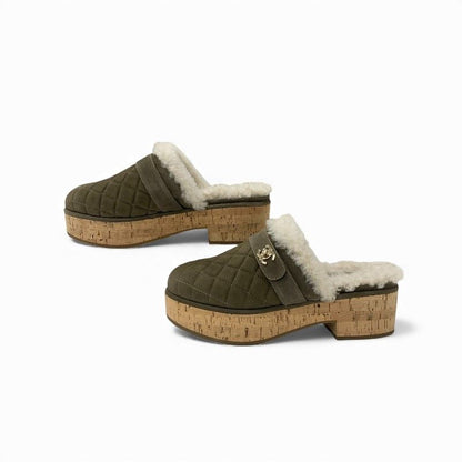 Chanel Sandals Shoes Suede Mouton Cork Khaki Brown Gold CC Logo Quilted