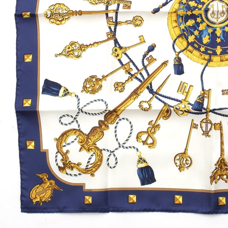 Hermes Silk Carre 90 les Cles Key Scarf Blue