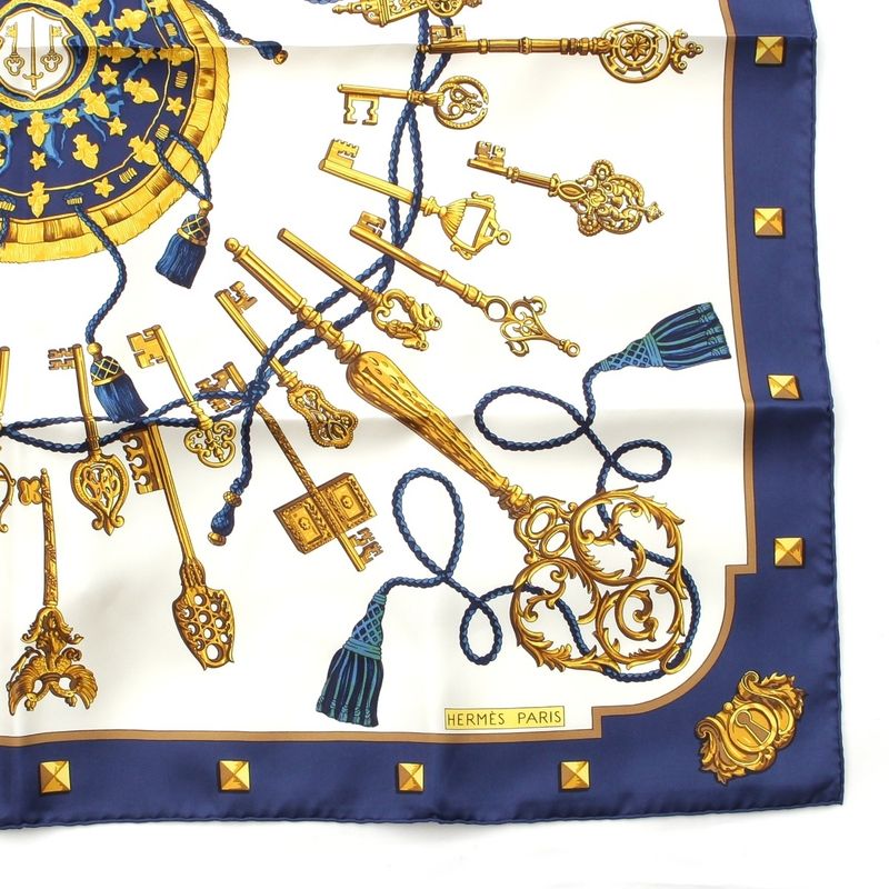 Hermes Silk Carre 90 les Cles Key Scarf Blue