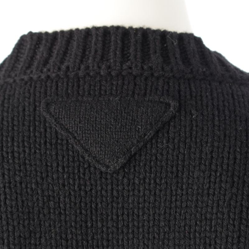 Prada Wool Triangle Logo Logege V-neck Sweater Knit Long Sleeve Top Black