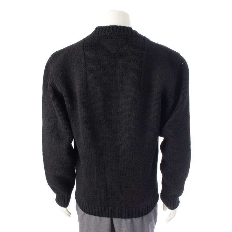 Prada Wool Triangle Logo Logege V-neck Sweater Knit Long Sleeve Top Black