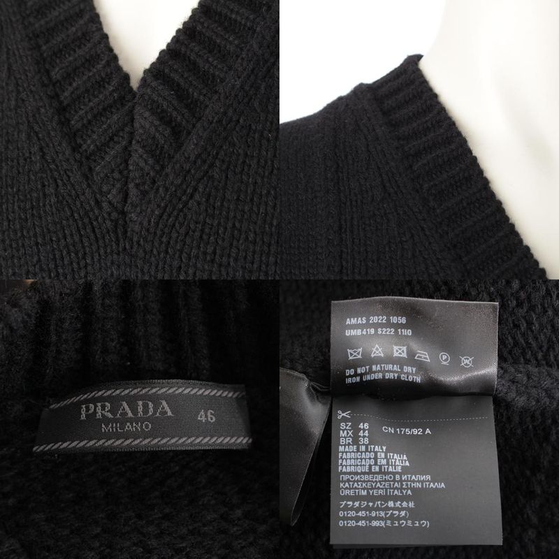Prada Wool Triangle Logo Logege V-neck Sweater Knit Long Sleeve Top Black