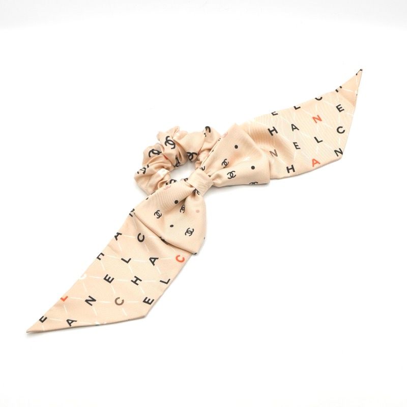 Chanel Hair Silk Beige CC Logo Ribbon Scrunchie Tie