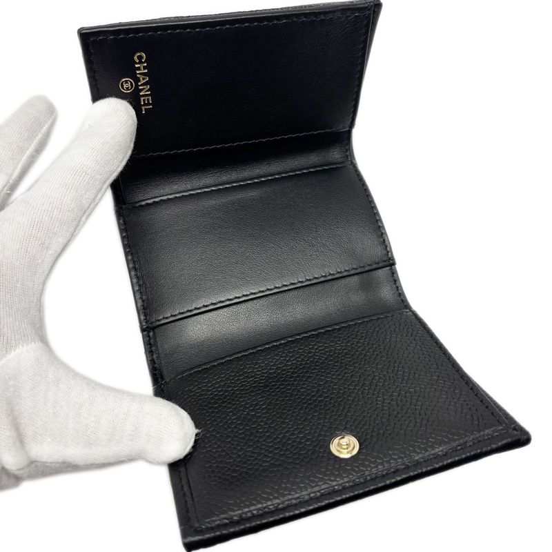 Chanel Wallet Trifold Voice Quilted Caviar Leather Small Black Champagne Gold