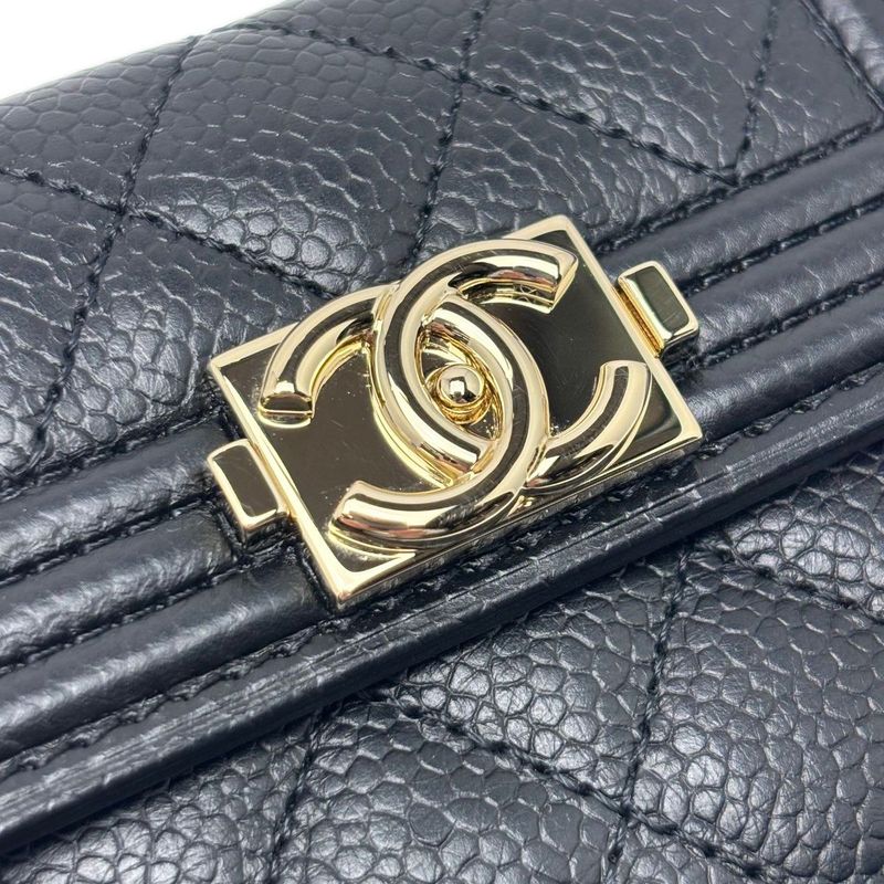 Chanel Wallet Trifold Voice Quilted Caviar Leather Small Black Champagne Gold