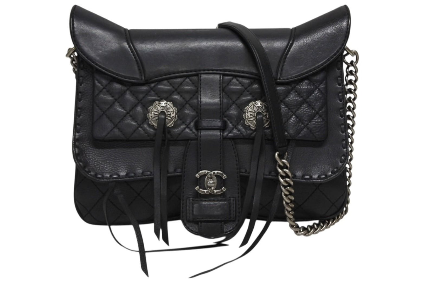 Chanel Paris Dallas Fringe Flap Saddle Bag Quilted Calfskin Black