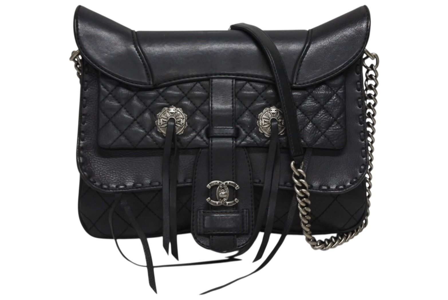 Chanel Paris Dallas Fringe Flap Saddle Bag Quilted Calfskin Black